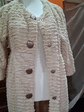 Aryn K Cream Textured Faux-Fur Teddy Coat with Decorative Buttons